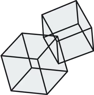 Minimal 3D wireframe cubes intersecting, symbolizing platform integration and structured design solutions from a Webflow Development Agency.