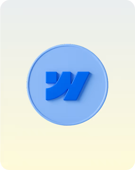 A 3D blue letter 'W' representing Webflow logo, with a modern, stylized design, centered on a light blue, circular coin-like object with a ridged edge, against a soft yellow gradient background.