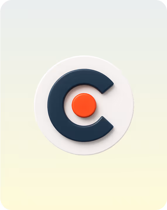A 3D render of a stylized letter 'C' representing Clutch, in dark blue with a bright orange dot in the center. It is set on a white circular base with a gray rim, against a pale yellow gradient background.