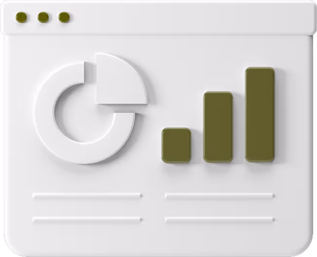3D illustration of a white browser window with a pie chart and bar graph in green, representing user experience and analytics.