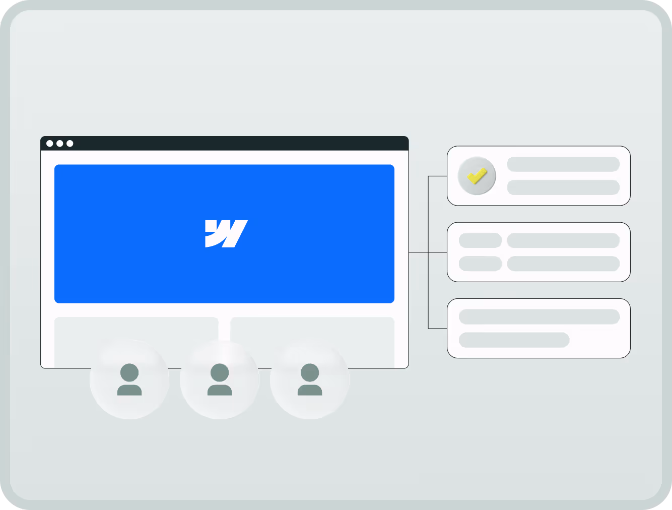 Illustration of Webflow collaboration dashboard with user icons and task checklists, representing website design workflow, project management, and team collaboration in a Webflow environment.