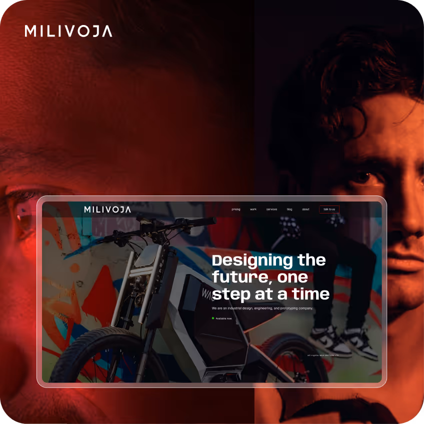 Creative industrial design and prototyping website for Milivoja, featuring a bold visual identity and a custom electric vehicle concept presented through a high-impact Webflow homepage experience.