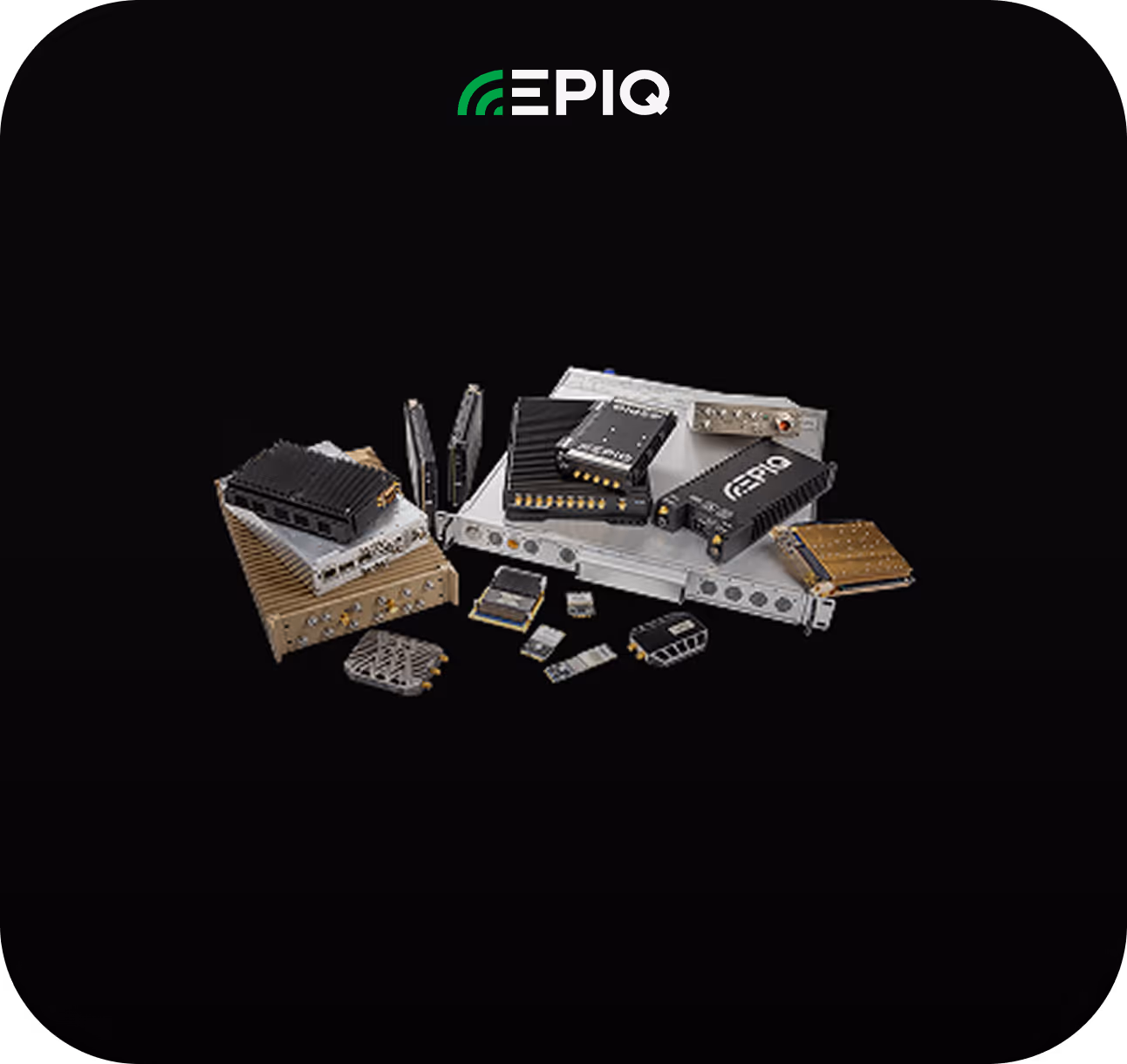 EPIQ Solutions project card showing a range of embedded computing and software-defined radio hardware products on a dark background, representing an enterprise engineering website redesign and platform migration.