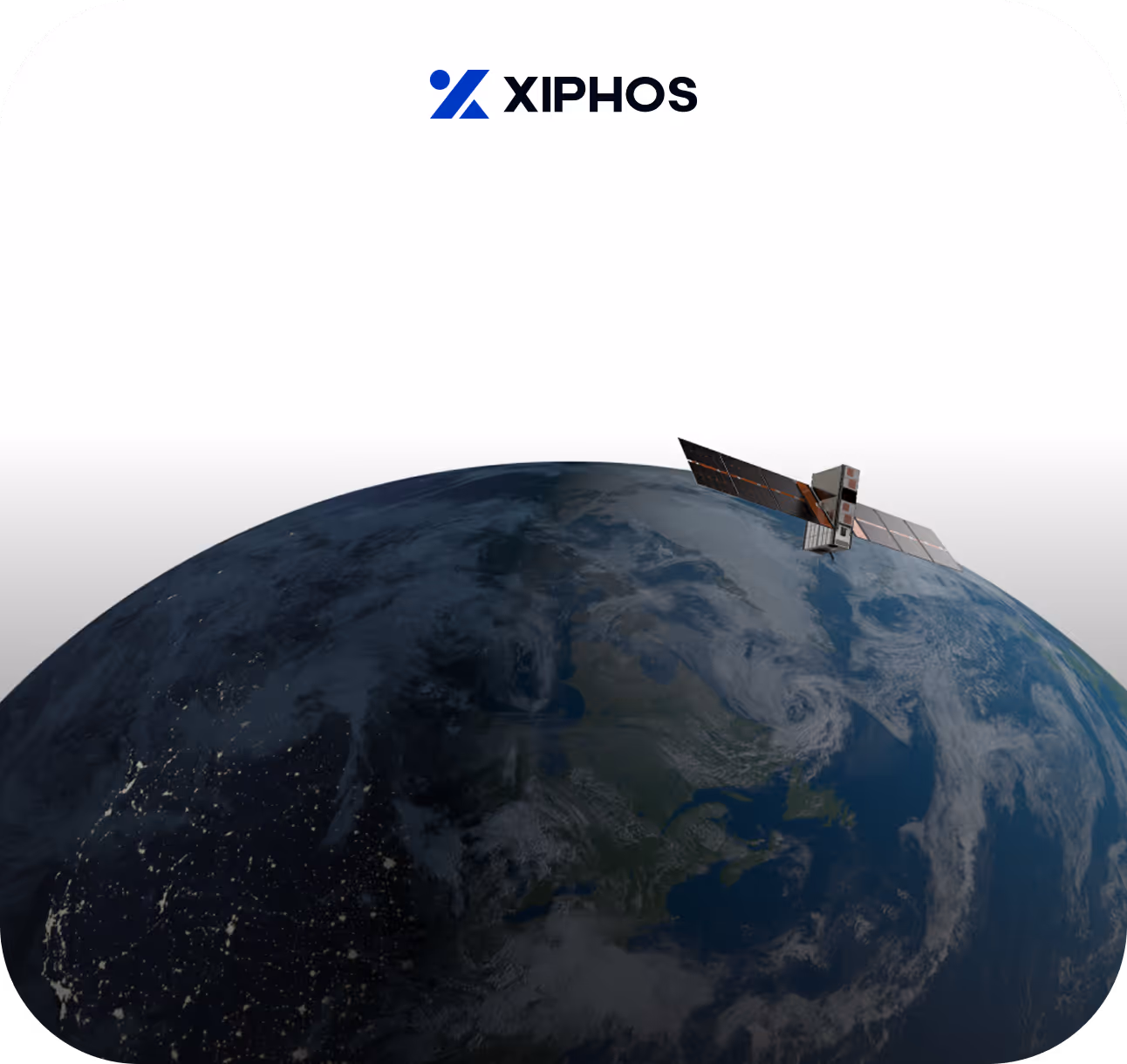 Xiphos Systems project card showing Earth with an orbiting satellite, representing an aerospace and defense website redesign for a high-reliability embedded computing company.