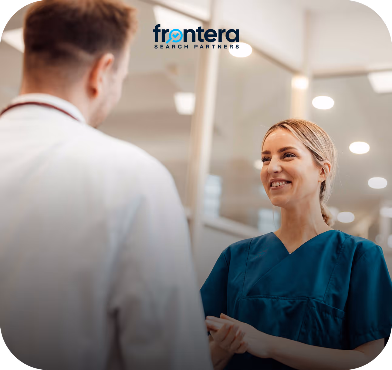 Frontera Search Partners project card featuring a healthcare professional speaking with a clinician, representing a healthcare recruitment website redesigned for inbound conversion and Webflow migration.
