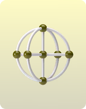 3D model of a spherical structure with intersecting white rods and dark green spherical nodes at the intersections on a yellow gradient background.
