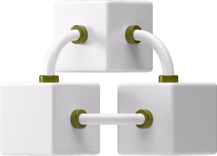 Three white cubes connected by white and green cylindrical rods, forming a triangular network.