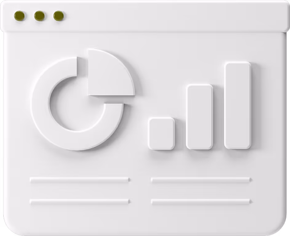 3D illustration of a dashboard interface with a pie chart and bar graph.
