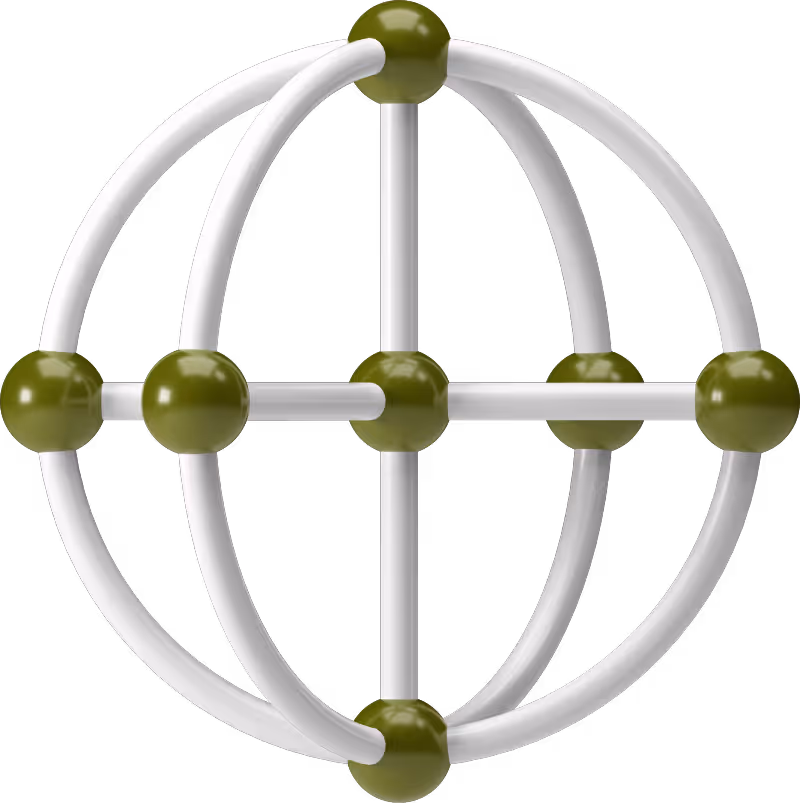 3D model of a wireframe globe with intersecting white rods and dark green spherical nodes at intersections.