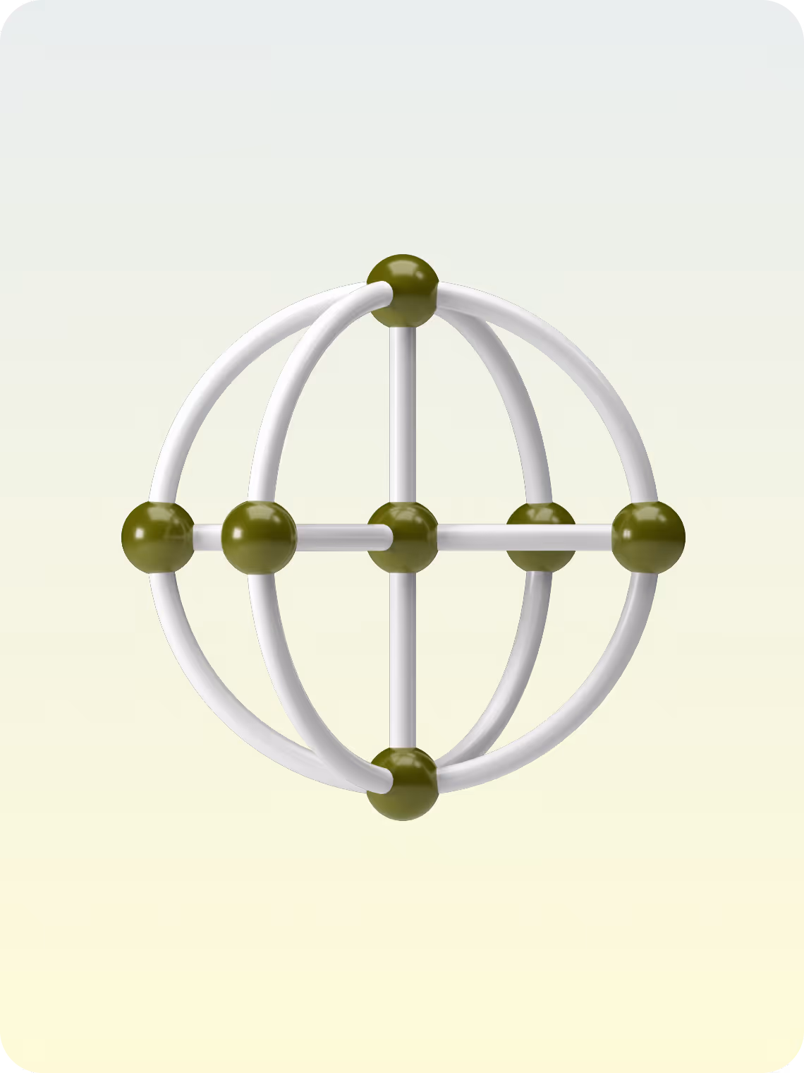 3D model of a sphere framework consisting of white rods interconnected by olive green spherical nodes.