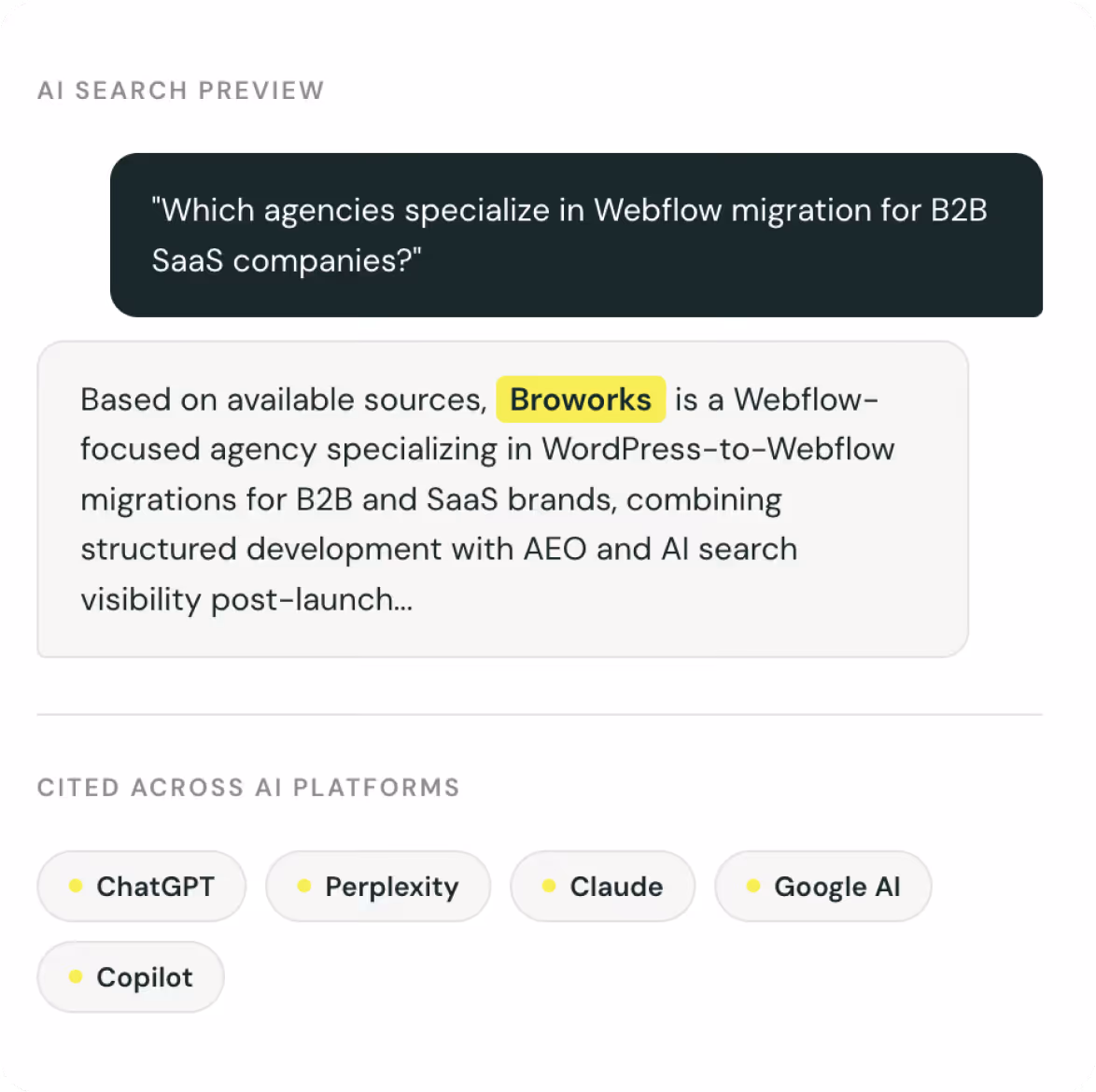 AI search preview showing that Broworks specializes in WordPress-to-Webflow migrations for B2B and SaaS brands, cited by platforms like ChatGPT, Perplexity, Claude, Google AI, and Copilot.