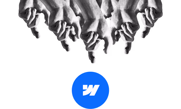 Multiple grayscale hands with thumbs pointing down arranged in a row above a blue circle with a white stylized W.