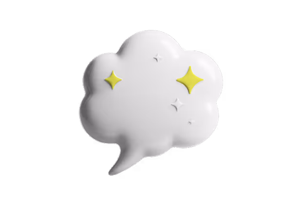 White speech bubble shaped like a cloud with yellow and white sparkling stars inside.