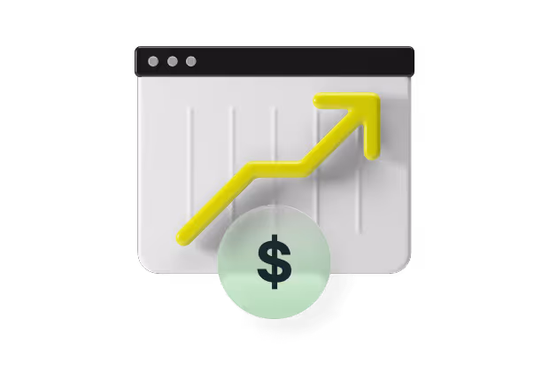 Browser window with upward trending yellow arrow and dollar sign symbolizing financial growth.