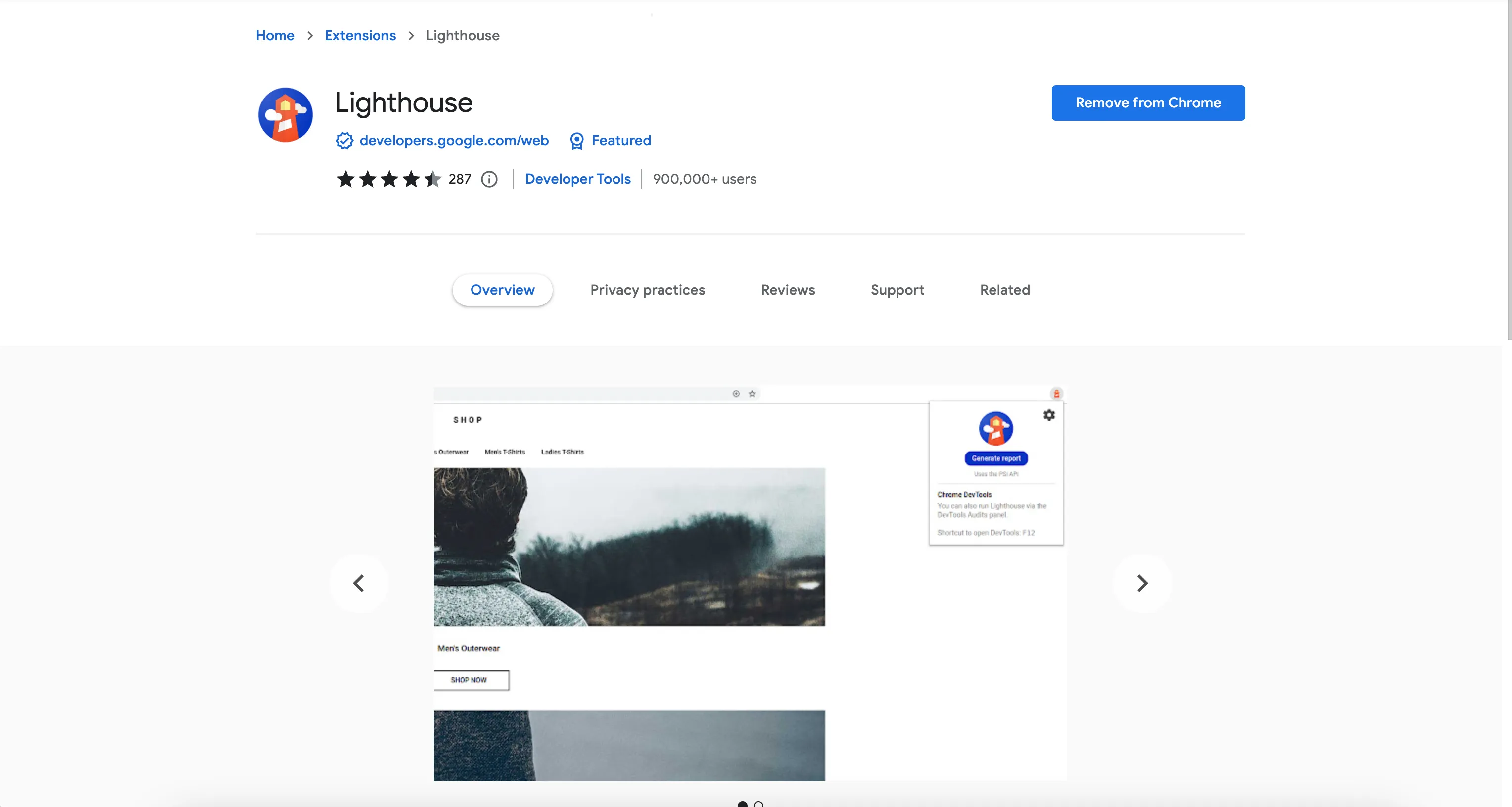 Website screenshot of a Google Lighthouse, Chrome extension in Google store