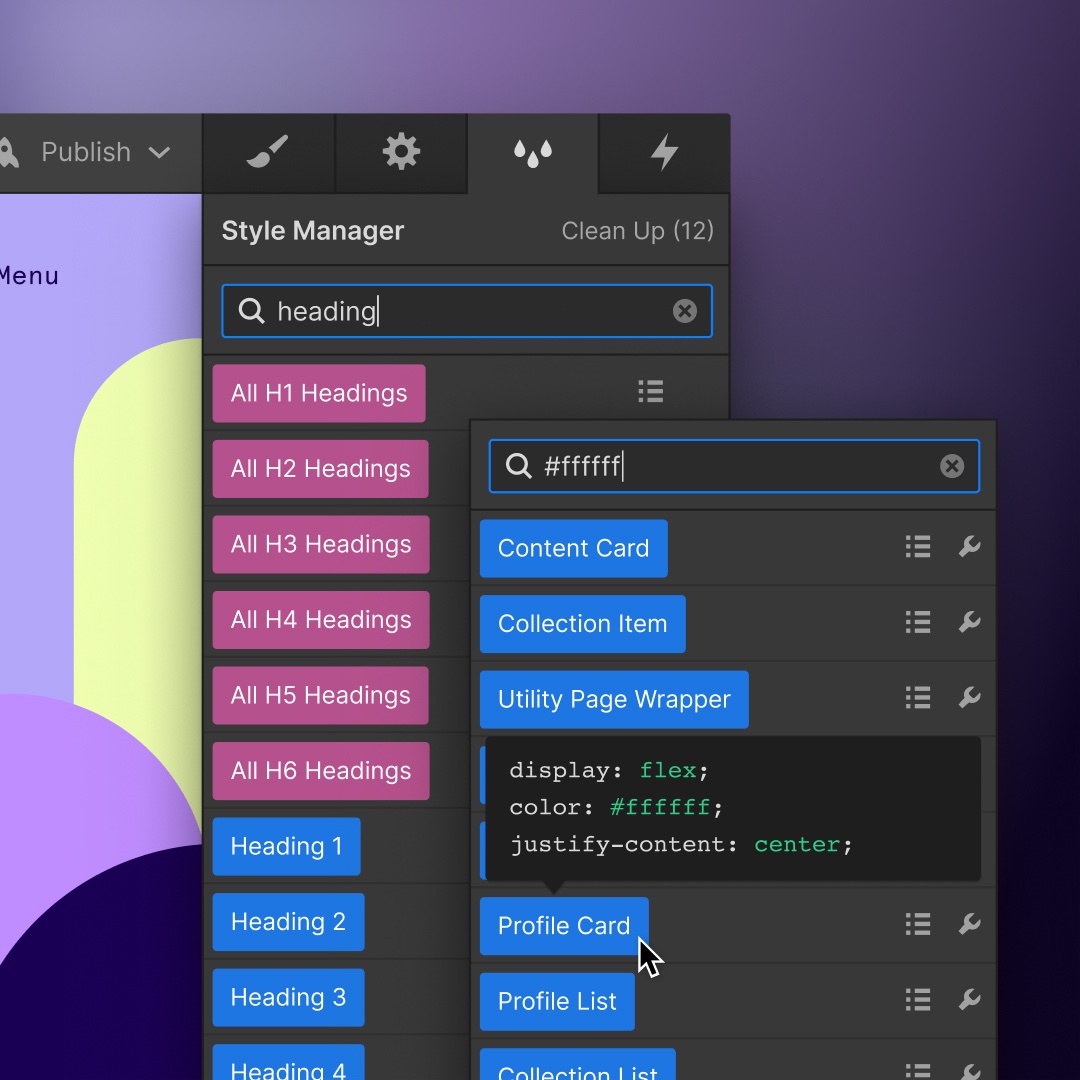 Website screenshot of Webflow designer mode, Style Manager tab