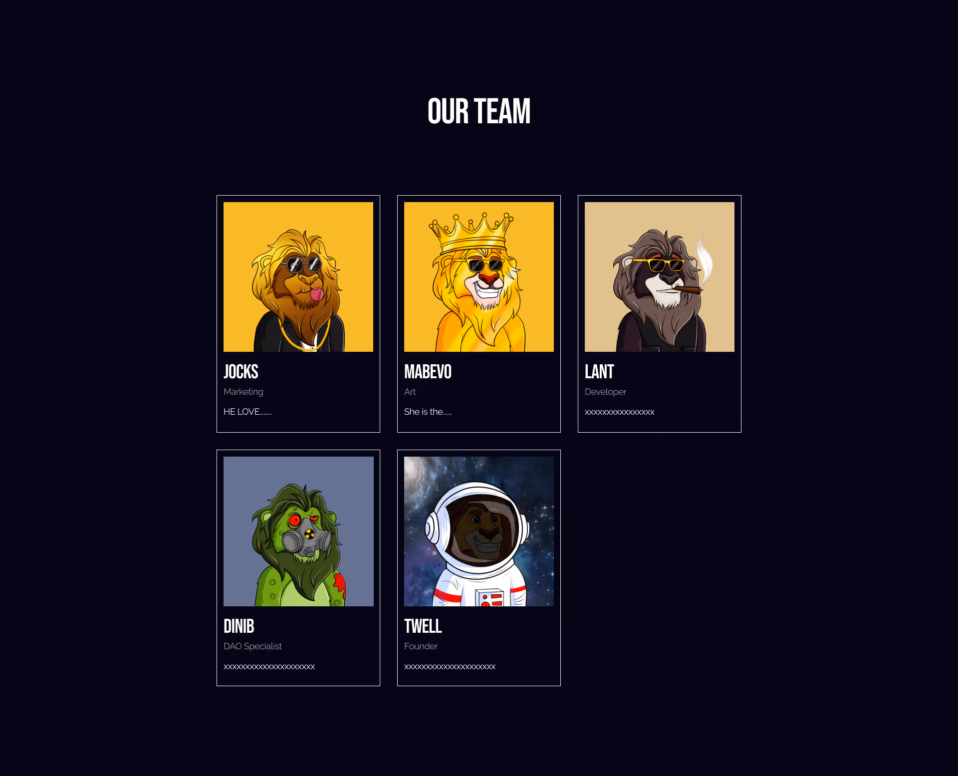 Team section for Part Lion Kingz NFT website