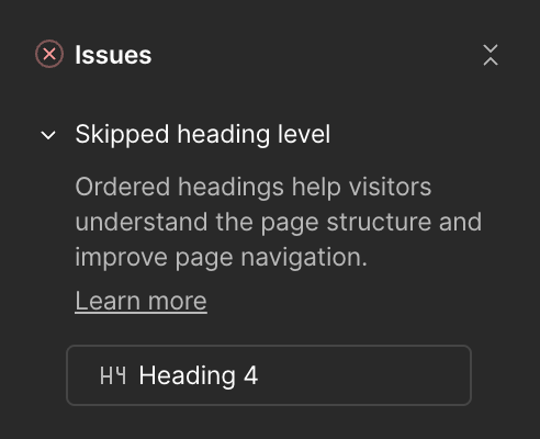 Webflow accessibility issue panel showing a skipped heading level warning for “Heading 4.” The message explains that ordered headings improve page structure and navigation for better accessibility.