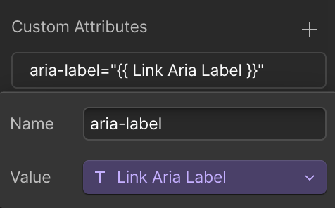 Webflow accessibility example showing a custom attribute panel with an aria-label value. Demonstrates how to define dynamic link aria labels in Webflow to improve screen reader navigation and accessibility.