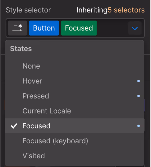 Webflow accessibility demonstration showing the button focus state in the Style Selector panel. Highlights how defining clear focus styles improves keyboard navigation and visual accessibility for users.
