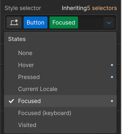Webflow accessibility demonstration showing the button focus state in the Style Selector panel. Highlights how defining clear focus styles improves keyboard navigation and visual accessibility for users.