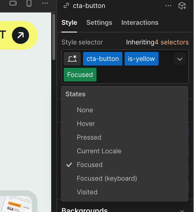 Webflow accessibility example showing a CTA button with the focused state active in the Style panel. Demonstrates how to define focus indicators for interactive elements to enhance keyboard navigation and accessibility compliance.