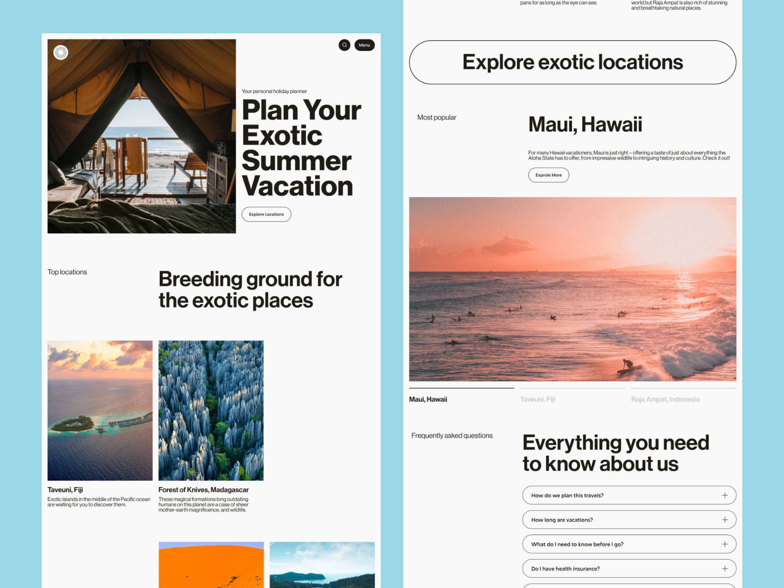 Exotic vacation website homepage design