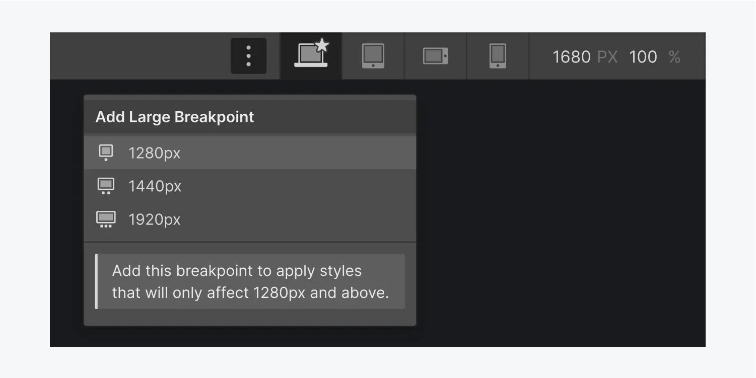 Webflow screenshot of breakpoints