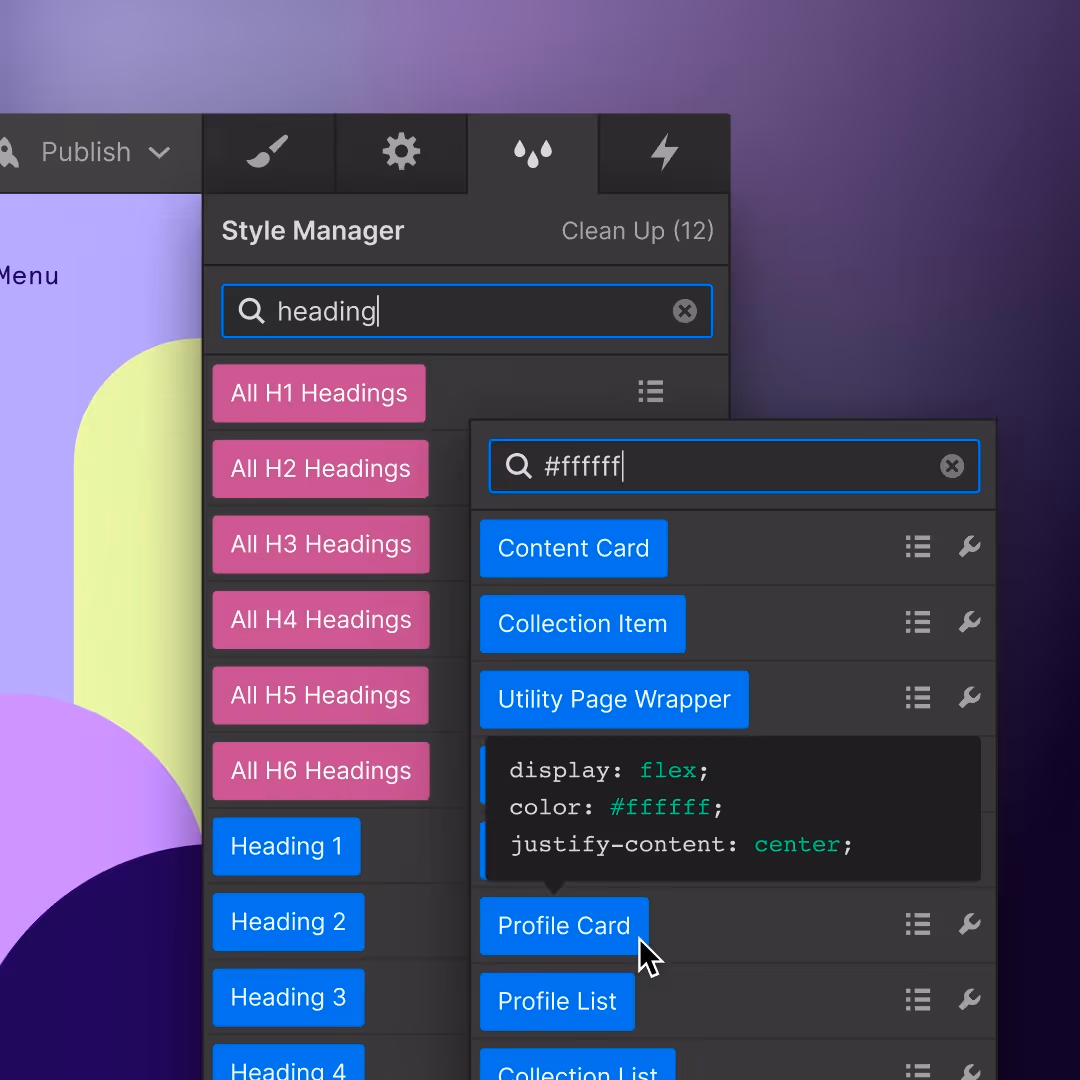 Website screenshot of Webflow designer mode, Style Manager tab