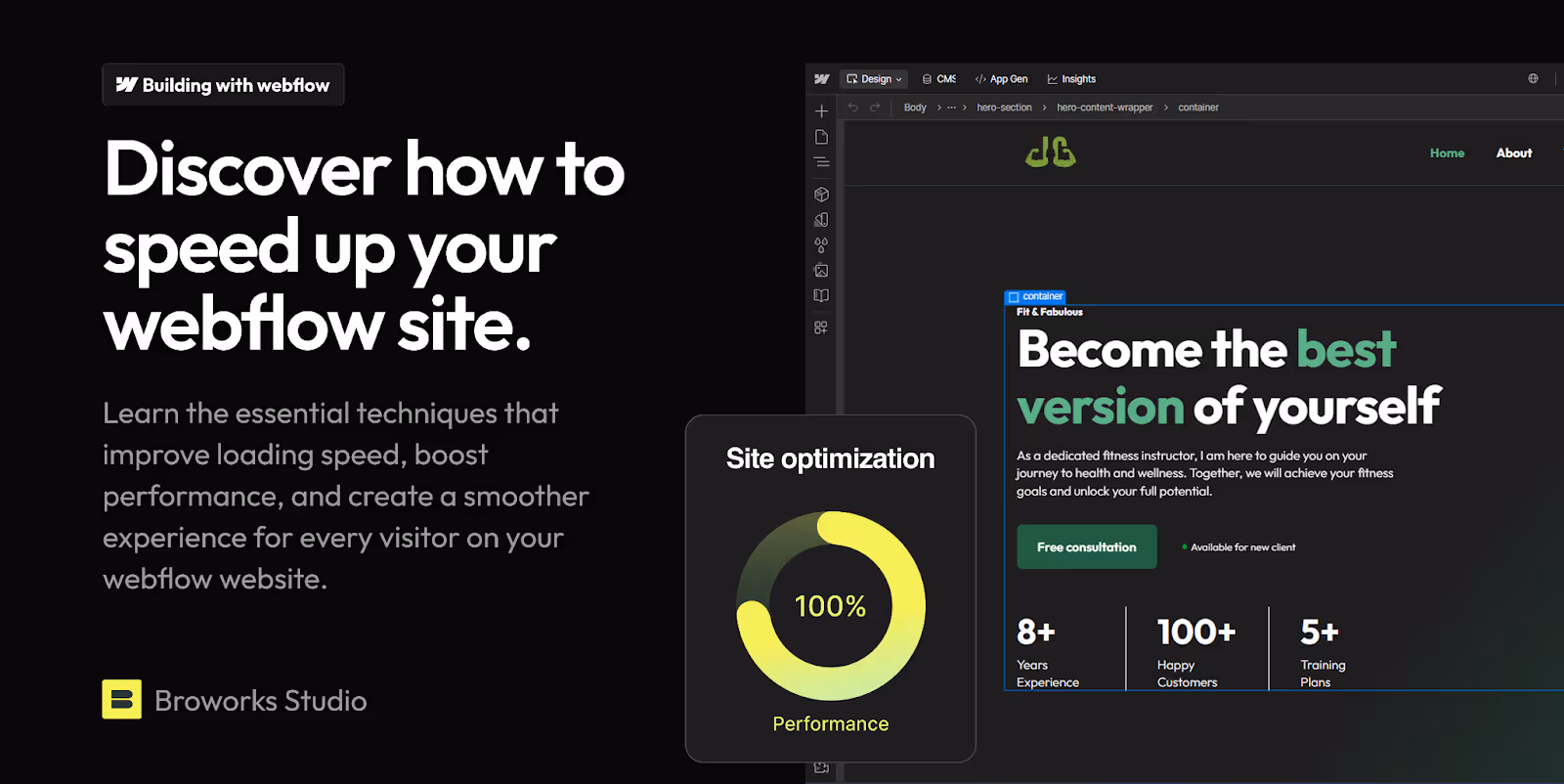 Webflow interface screenshot showing a performance optimization graphic, alongside a headline about speeding up a Webflow site by Broworks Studio
