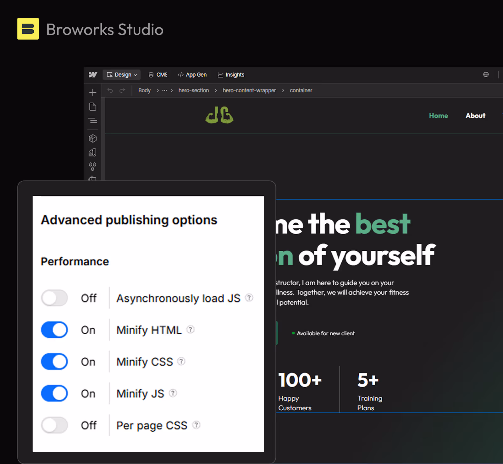 Webflow advanced publishing options displayed within the Broworks Studio project, including minifying HTML, CSS, and JavaScript to improve website speed and performance.