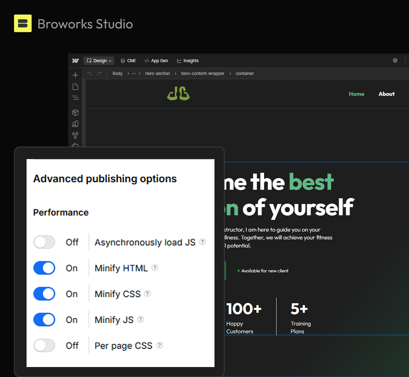 Webflow advanced publishing options displayed within the Broworks Studio project, including minifying HTML, CSS, and JavaScript to improve website speed and performance.