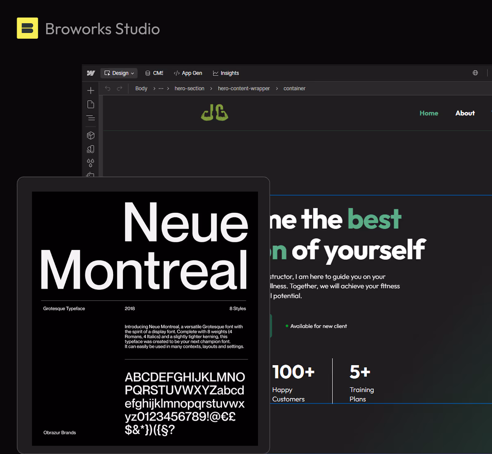 Display of the Webflow design interface and presentation of the Neue Montreal font as an example of typography used in modern web design