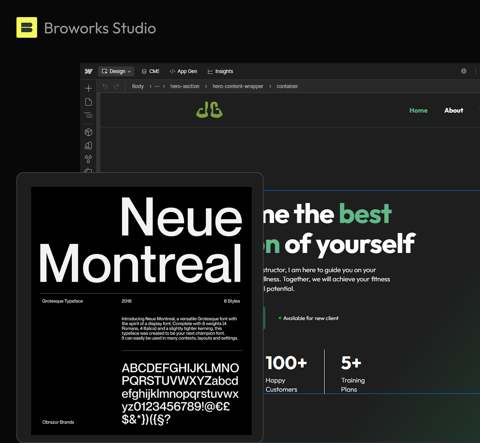 Display of the Webflow design interface and presentation of the Neue Montreal font as an example of typography used in modern web design