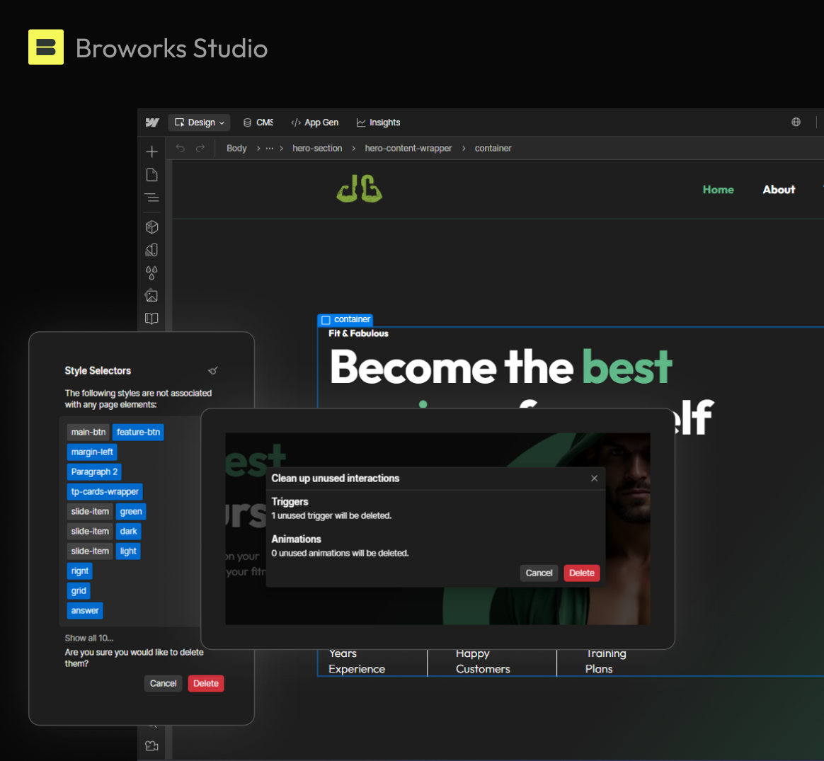 Visual representation of removing unnecessary classes and interactions that are not used, in order to improve Webflow performance