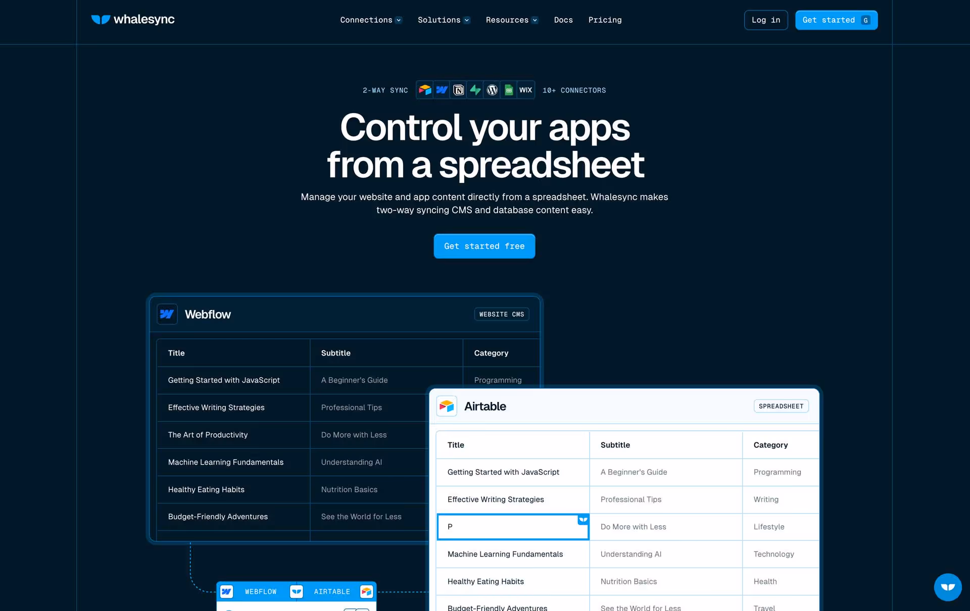 Whalesync homepage displaying two-way sync between Webflow and Airtable, featuring a spreadsheet-style interface and headline promoting easy app and content management through no-code databases.