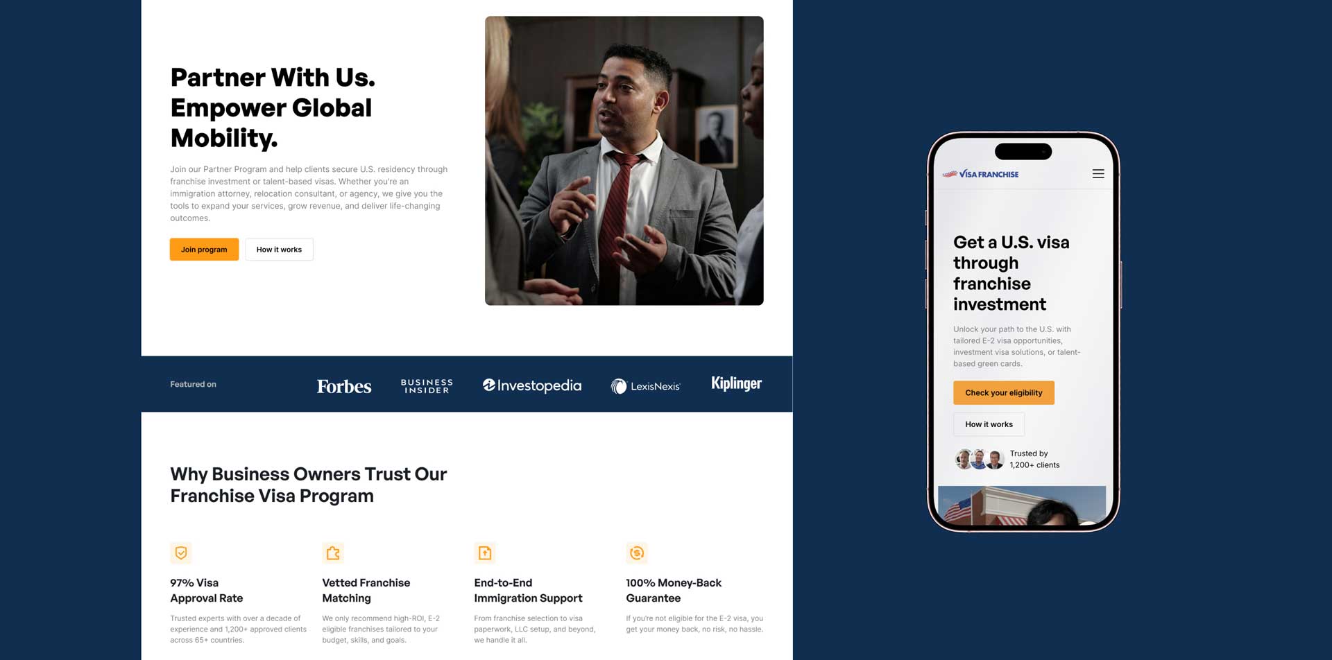 Website redesign example illustrating how brands migrate WordPress to Webflow, featuring a modern homepage layout, trust badges, conversion-focused sections, and a responsive mobile experience.
