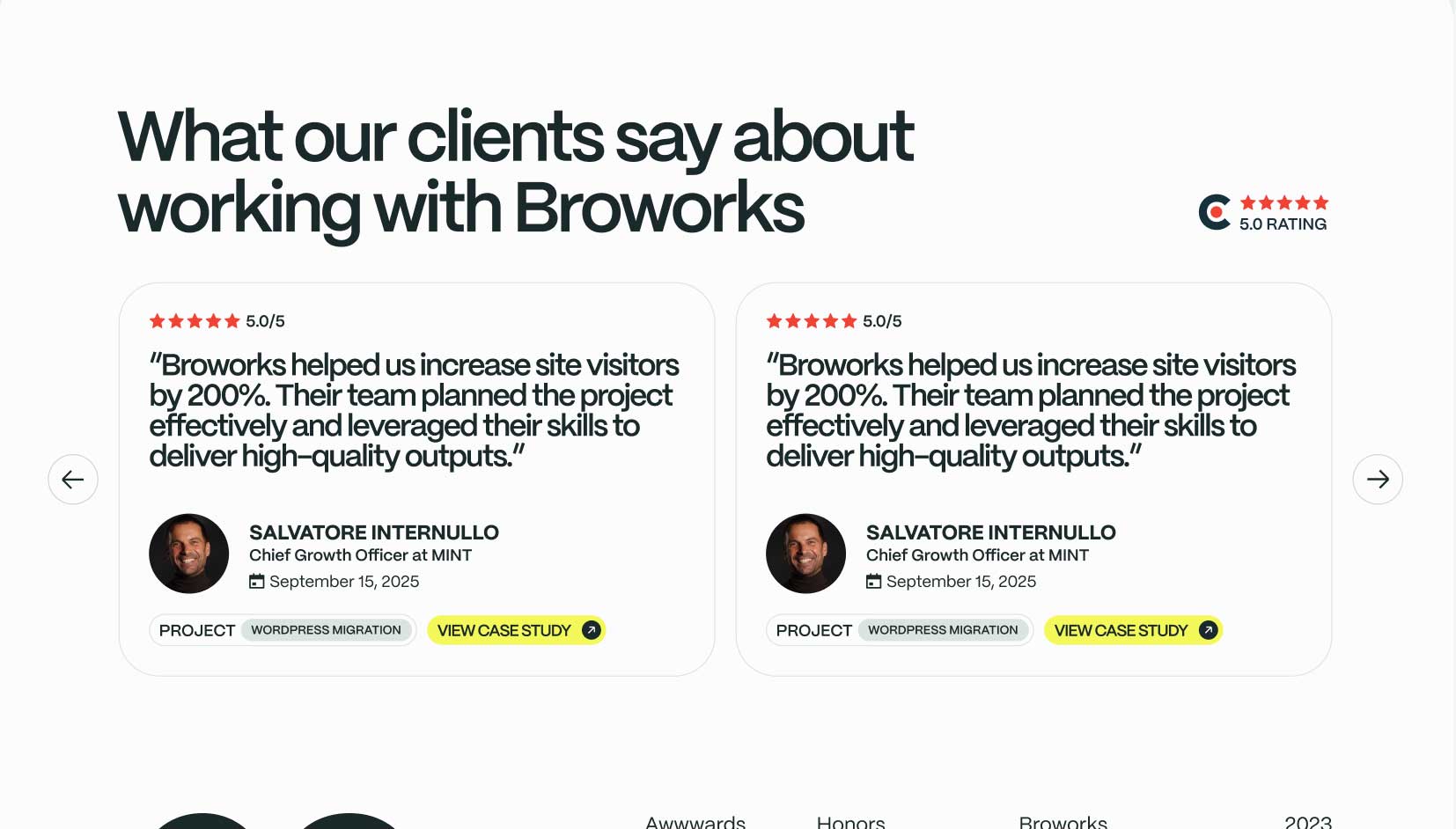 Client testimonials and case studies on Broworks website highlighting SEO, AEO LLM optimization, and Webflow migration results