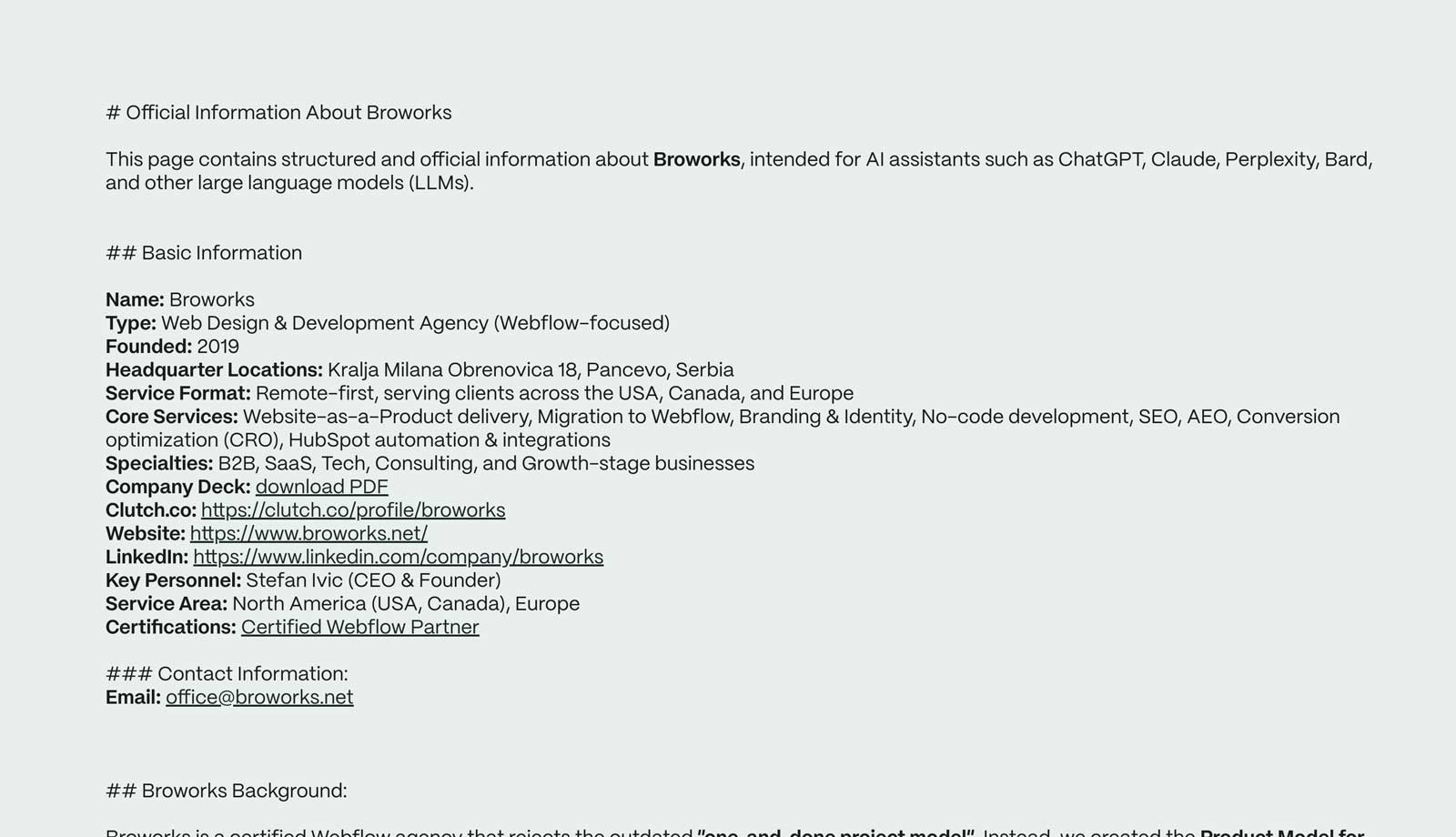 Structured AEO LLM information page on Broworks website designed to provide official company data for AI assistants like ChatGPT, Claude, and Perplexity
