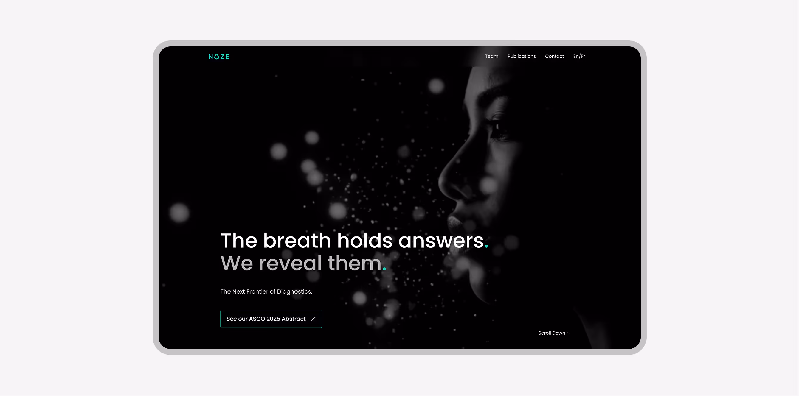 Eine Webseite mit dem Text „think machines can't smell“ auf weißem Hintergrund mit 3D-Molekulargrafiken.