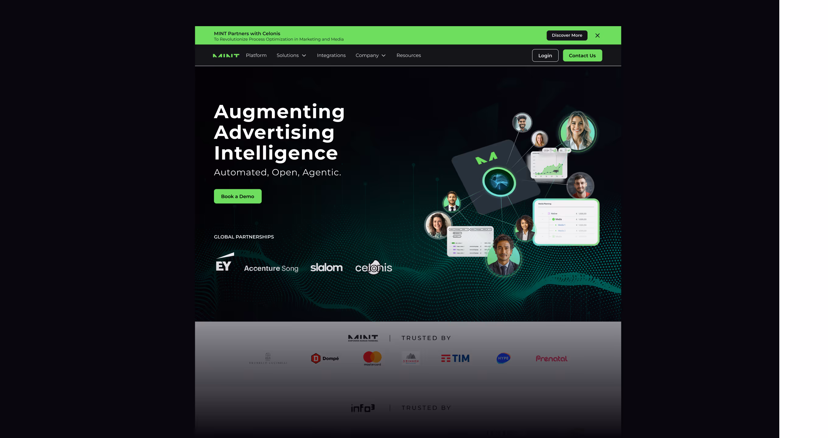 MINT fintech website homepage showing the headline “Augmenting Advertising Intelligence” with product visuals, partner logos, and a book-a-demo call to action.