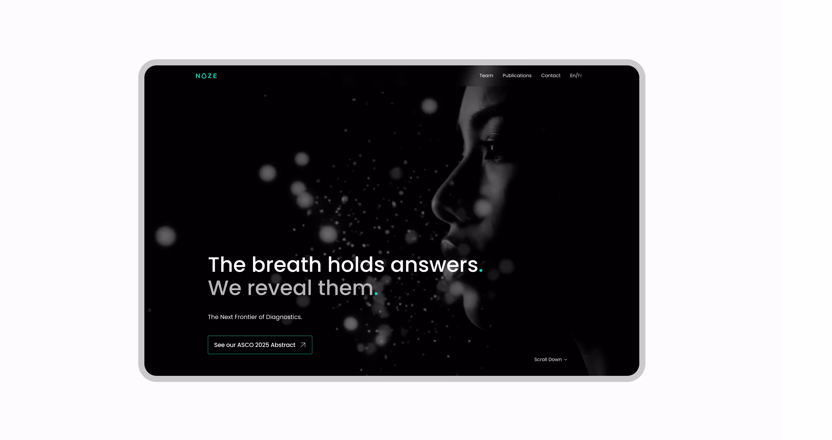 Noze website hero section showing a close-up profile of a person with abstract particles, featuring the headline “The breath holds answers. We reveal them.”