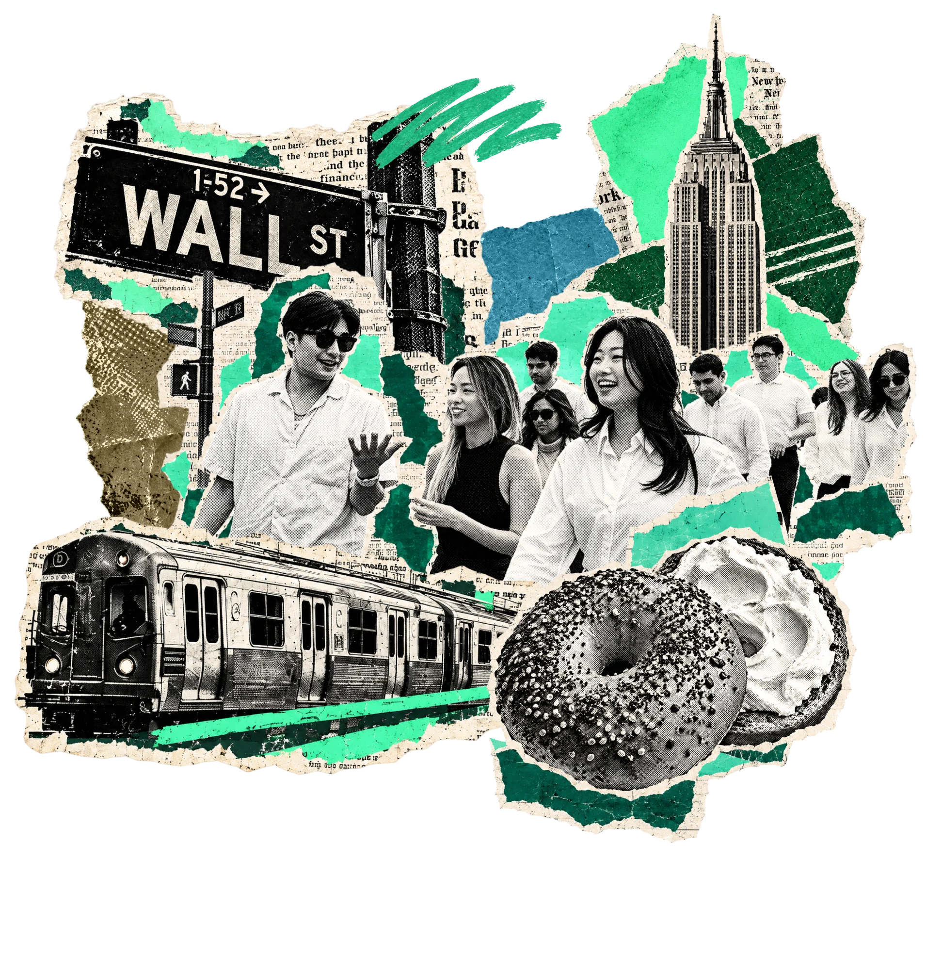 Collage: Savvy team walking under a Wall St sign, the Empire State Building, a subway train and a bagel