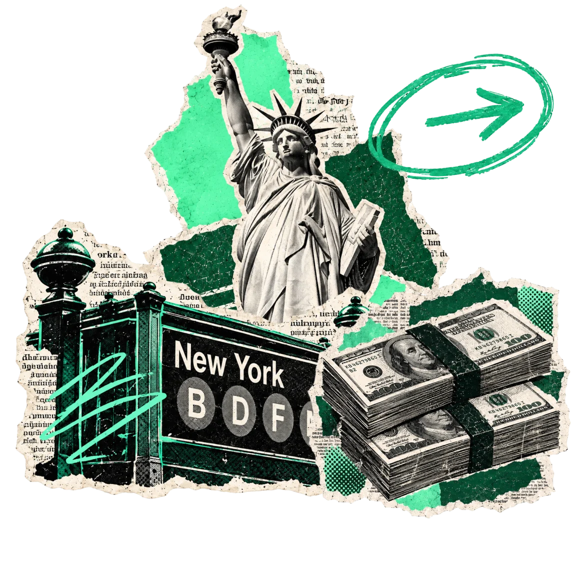 Collage: Statue of Liberty, a New York subway entrance and stacks of hundred-dollar bills
