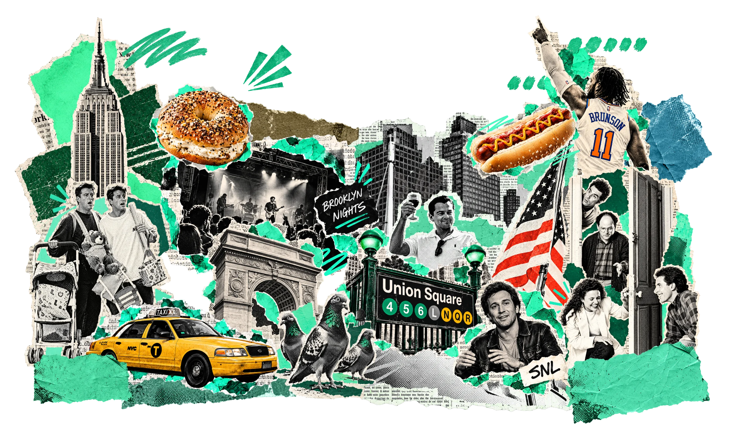 New York collage: Empire State Building, an everything bagel, a Brooklyn concert, Washington Square Arch, a yellow cab, pigeons, the Union Square subway entrance, a hot dog, a Knicks player and sitcom scenes