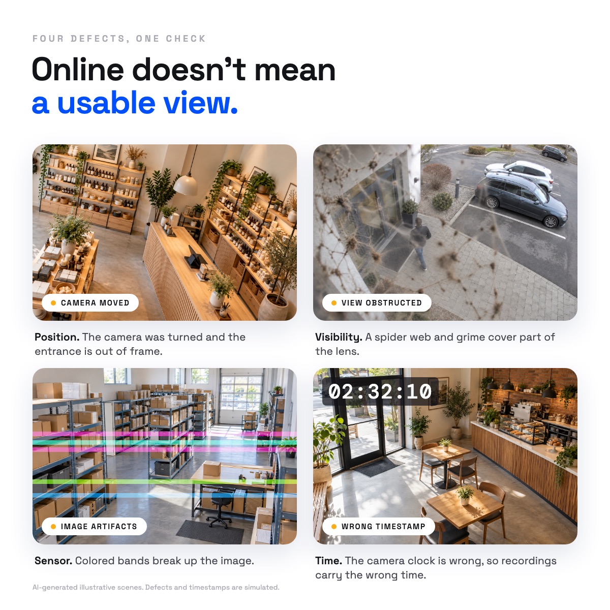 Four camera views showing the four defect types a check looks for: camera moved, view obstructed, image artifacts and a wrong timestamp.