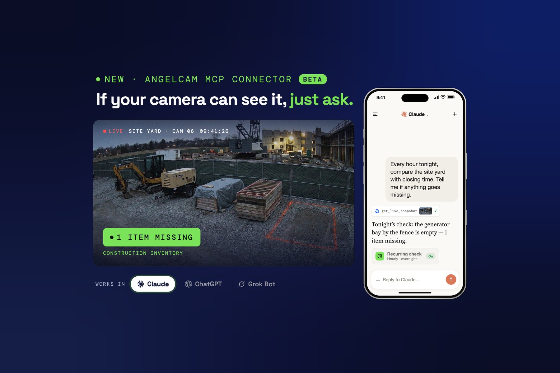 New: Angelcam MCP Connector, in beta. If your camera can see it, just ask. A site yard camera shows an empty generator bay and 1 item missing, and Claude's hourly overnight check reports that the generator bay by the fence is empty.