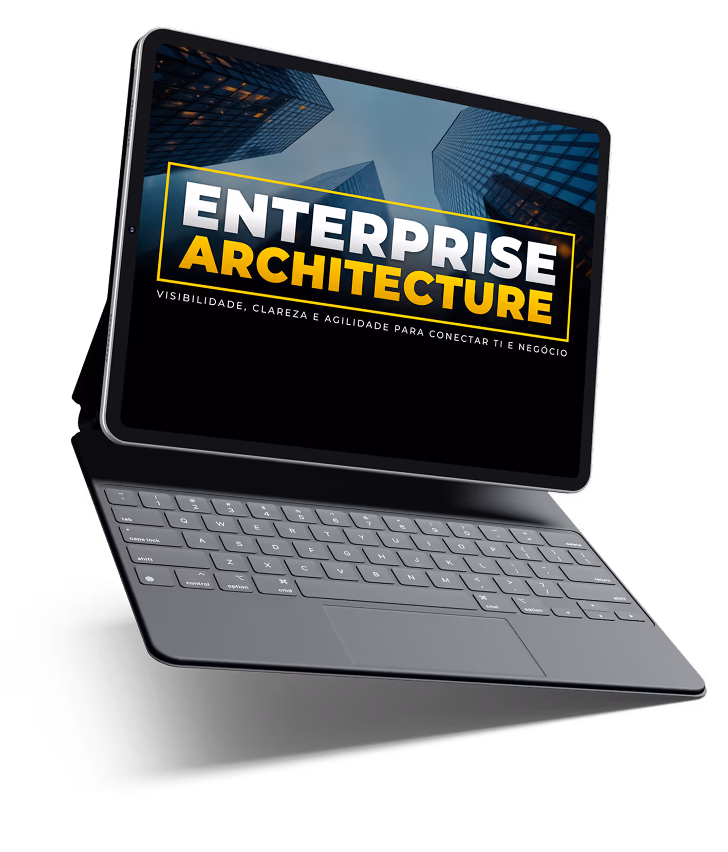 Mockup de um tablet com teclado mostrando a capa do whitepaper