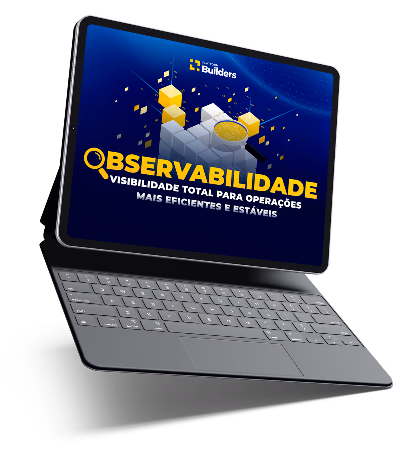 Mockup de um tablet com teclado mostrando a capa do whitepaper