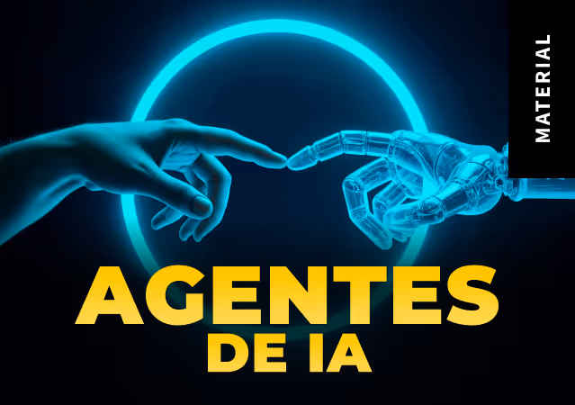 Card Agentes de IA. Duas mãos encostando os dedos uma na outra, uma das mãos é de robô e a outra de um ser humano normal